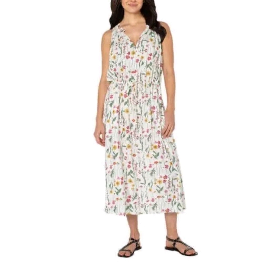 Well Worn Women's Linen Blend Midi Floral Sleeveless Cottage Boho Dress Size M